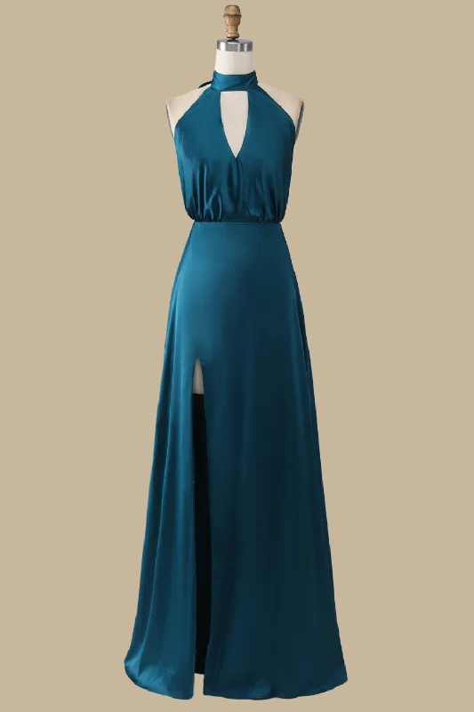 Turquoise Halter Blouson-Style Maxi Dress with Slit Maxi Skirt Trendy