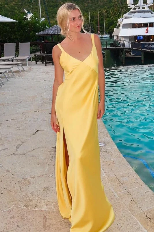 V-Neck Tie-Back Maxi Dress with Slit in Yellow V-neck Maxi Skirt