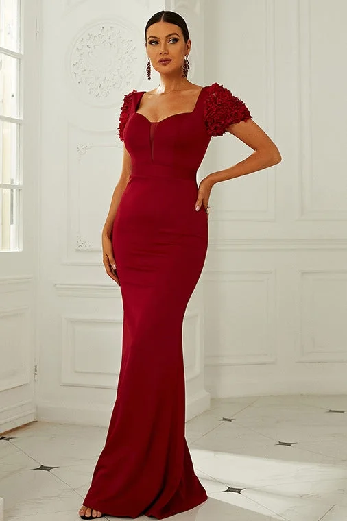 Wine Red Queen Anne Puff Sleeve Long Formal Dress Knit Maxi Skirt