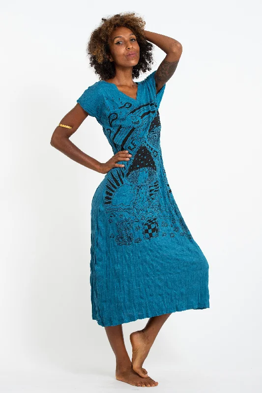 Womens Magic Mushroom V Neck Long Dress in Denim Blue Silk Maxi Skirt