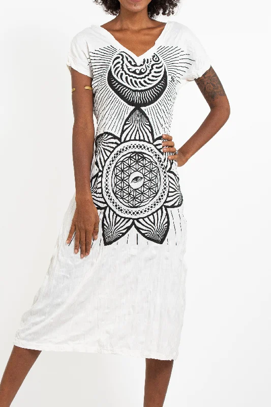 Womens Sacred Geometry Mandala V Neck Long Dress in White Cozy Maxi Dress