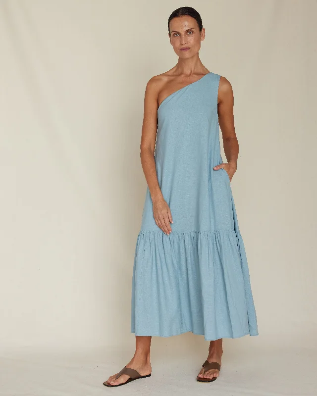 Aruba Linen One Shoulder Dress - Duckegg Blue Long sleeve unclassified dresses