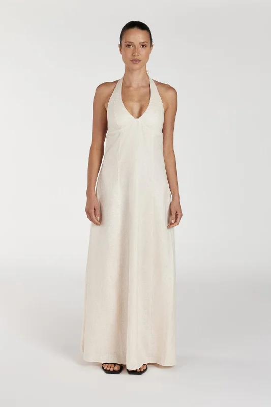 AUDREY CREAM HALTER LINEN DRESS Open-back unclassified dresses