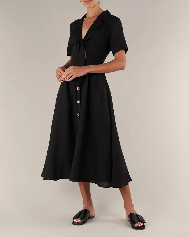 Ines Linen Tie Front Dress - Black Halter unclassified dresses