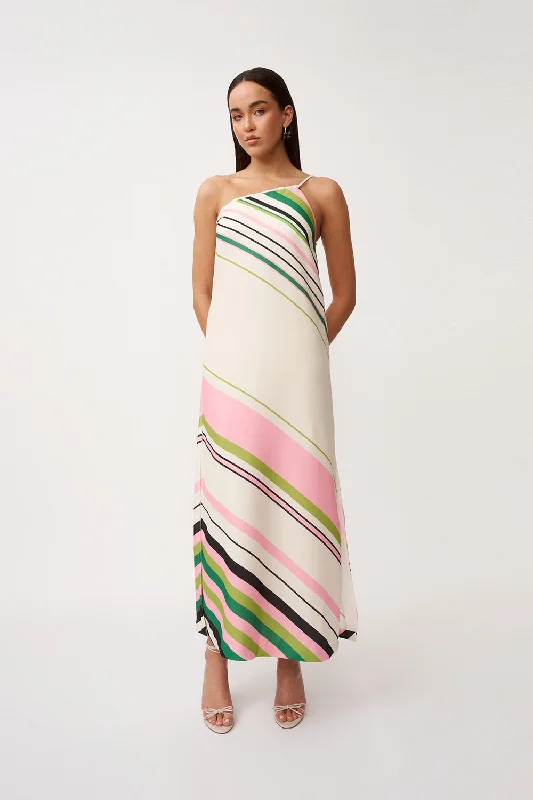 Lola Stripe One Shoulder Dress - Ivory Green Black Multi Knitted unclassified dresses