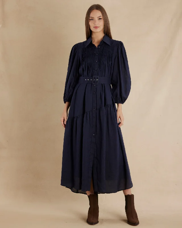 Poeta Ramie Pintuck Belted Dress - Navy Gothic unclassified dresses