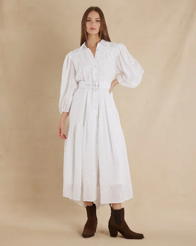 Poeta Ramie Pintuck Belted Dress - White Minimalist unclassified dresses