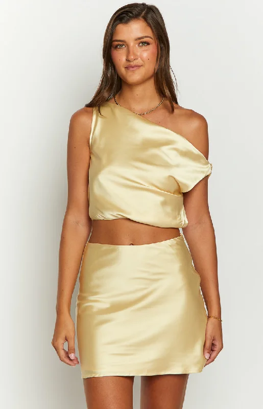 Scotlyn Yellow Satin Off The Shoulder Crop Top Flowy unclassified dresses