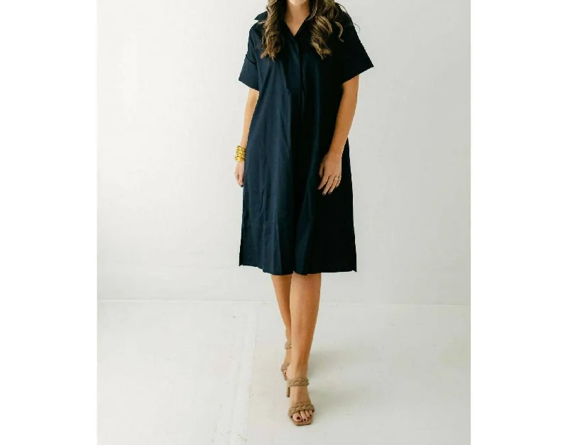 Addie Midi Shirtdress In Navy Stylish Pleated Skirt