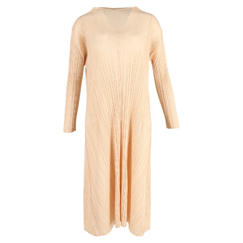 Issey Miyake Pleated Midi Long Sleeve Dress in Nude Polyester Wrap Midi Skirt