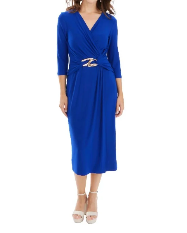 Midi Wrap Belted Dress In Royal Sapphire Printed Midi Outfit