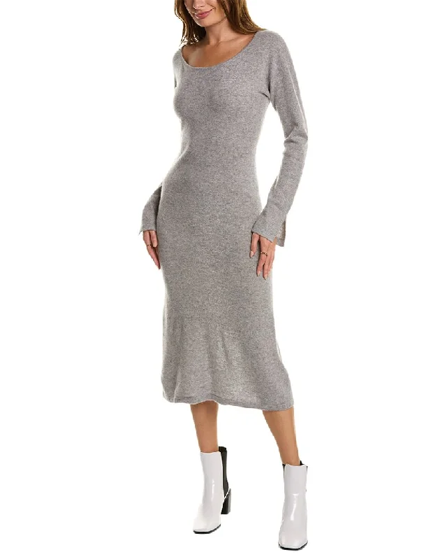 Qi Cashmere Boat Neck Cashmere Midi Dress Front Button Midi