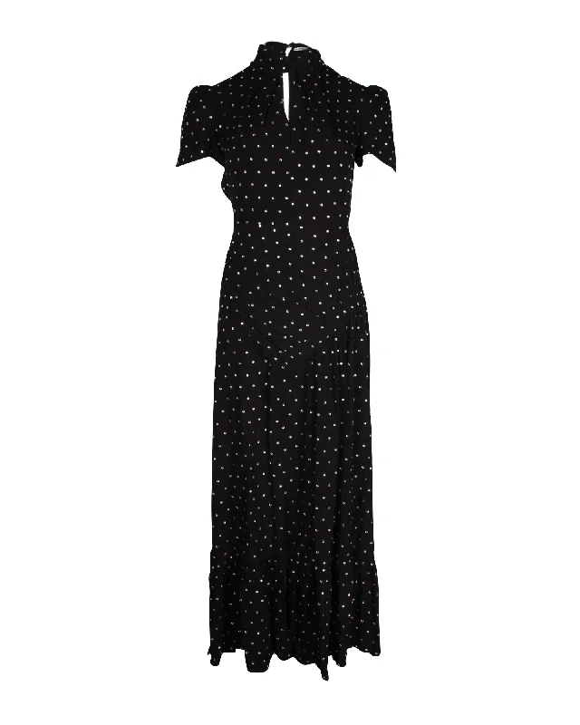 Self-Portrait Diamante Crystal Embellished Midi Dress in Black Viscose Polka Dot Midi