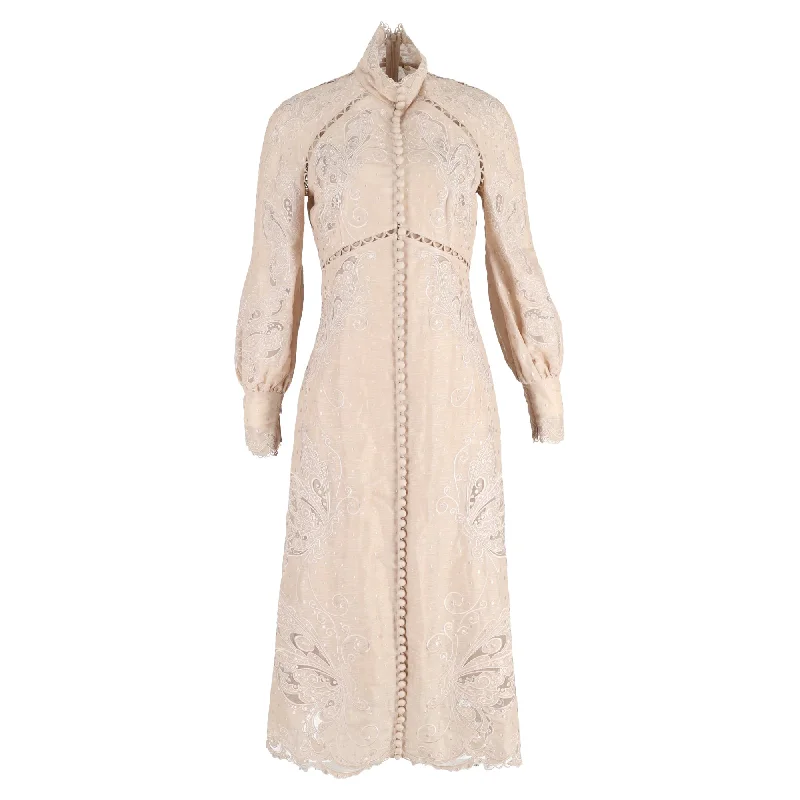 Zimmermann Super Eight Embroidered Midi Long Sleeve Dress in Beige Linen Ruffled Midi Skirt