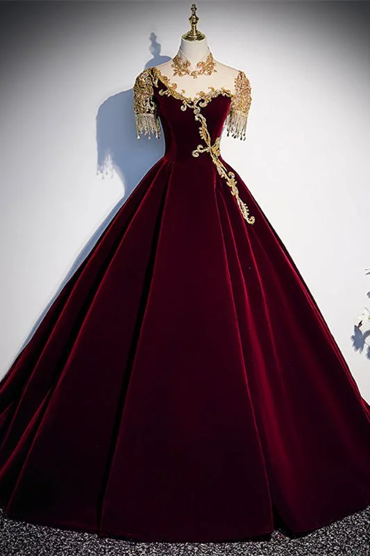 A-line Illusion Neck Lace-Up Velvet Long Formal Dress with Gold Adornment Lace Dress Deep V