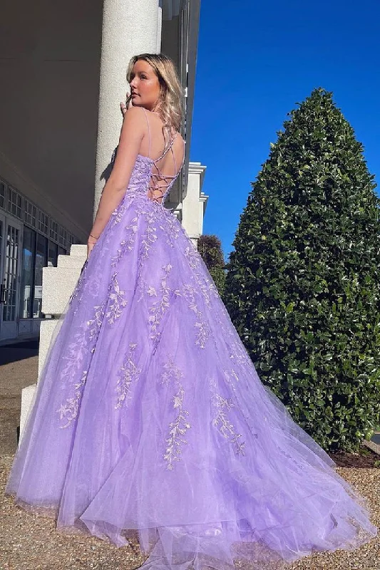 A Line Open Back Purple Lace Long Prom Dresses Formal Evening Dresses,DP0215 Lace Dress for Weddings