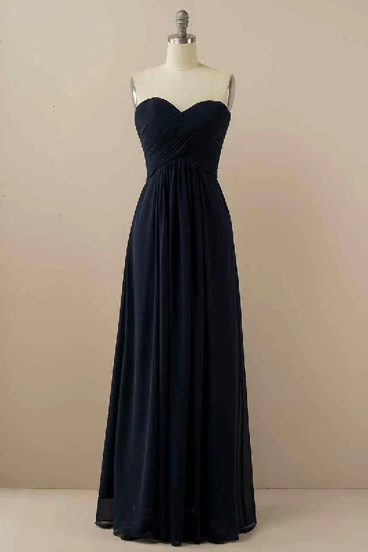 A-line Strapless Chiffon Pleated Lace-Up Back Long Bridesmaid Dress Lace Gown Glam