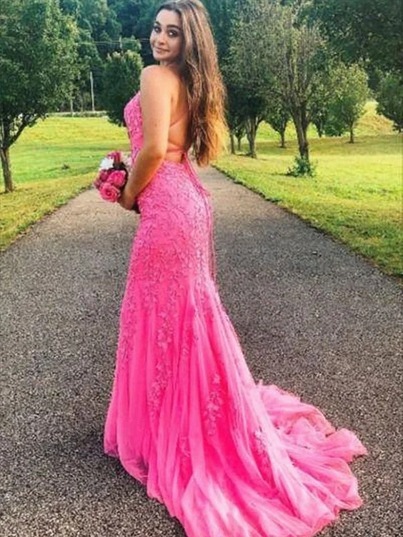 Backless Hot Pink Mermaid Lace Prom Dresses Formal Evening Dresses,DP0274 Lace Party Gown