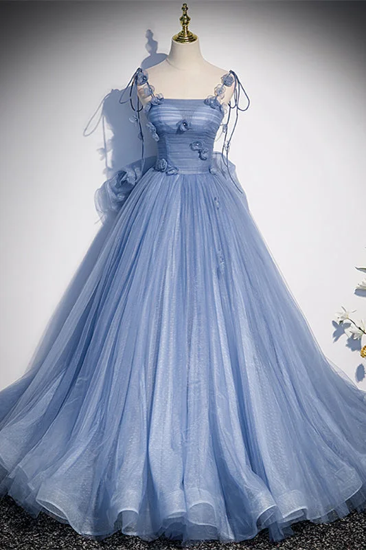 Blue 3D Appliques Bow Tie Beaded Lace-Up Back Long Formal Dress with Bow Lace Evening Dress