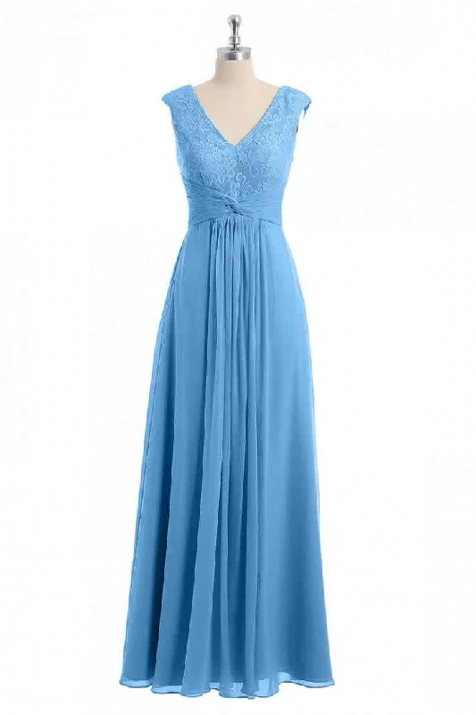 Blue A-line V Neckline Chiffon Lace Long Bridesmaid Dress Lace Dress Lookbook