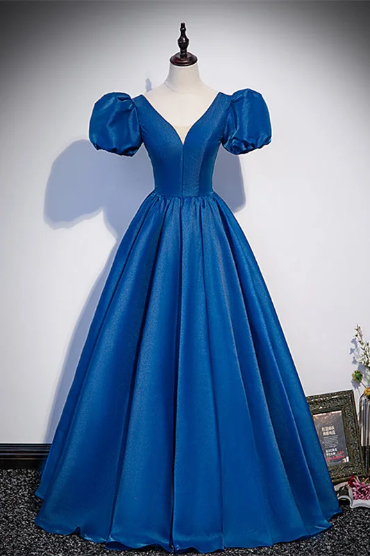 Blue V Neck Puff Sleeves Lace-Up Back Long Formal Dress Full Lace Dress