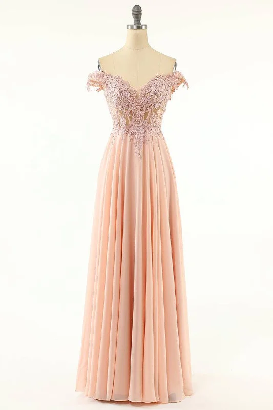 Blushing Pink A-line Off-Shoulder Chiffon Applique Lace-Up Long Prom Dress Lace Evening Gown