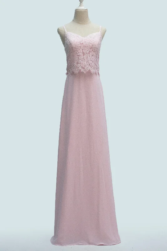 Candy Pink A-line Spaghetti Strap Chiffon lace Long Bridesmaid Dress Lace High Neck Dress