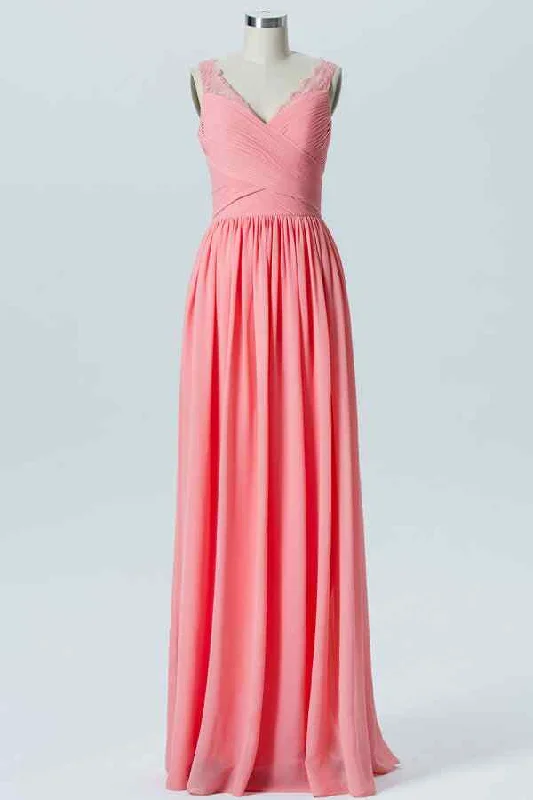 Coral A-line V Neck Chiffon Pleated Lace Straps Long Bridesmaid Dress Lace Dress Sparkly