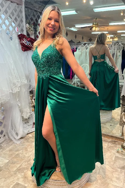 Dark Green V Neck Lace-Up Back Beaded Appliques Long Prom Dress with Slit,DP020 Casual Lace Dress