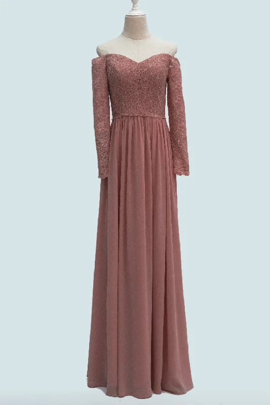 Desert Rose A-line Long Sleeves Off-Shoulder Lace Long Bridesmaid Dress Off-the-shoulder Lace