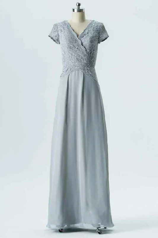 Dusty Blue A-line Cap Sleeves Chiffon Lace Long Bridesmaid Dress Simple Lace Gown