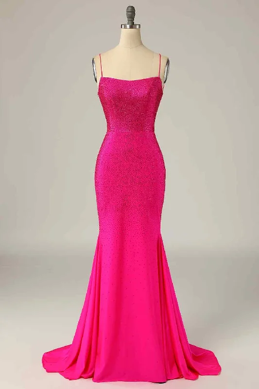 Fuchsia Mermaid Scoop Neck Satin Rhinestone Lace-Up Back Long Prom Dress Floral Lace Dress