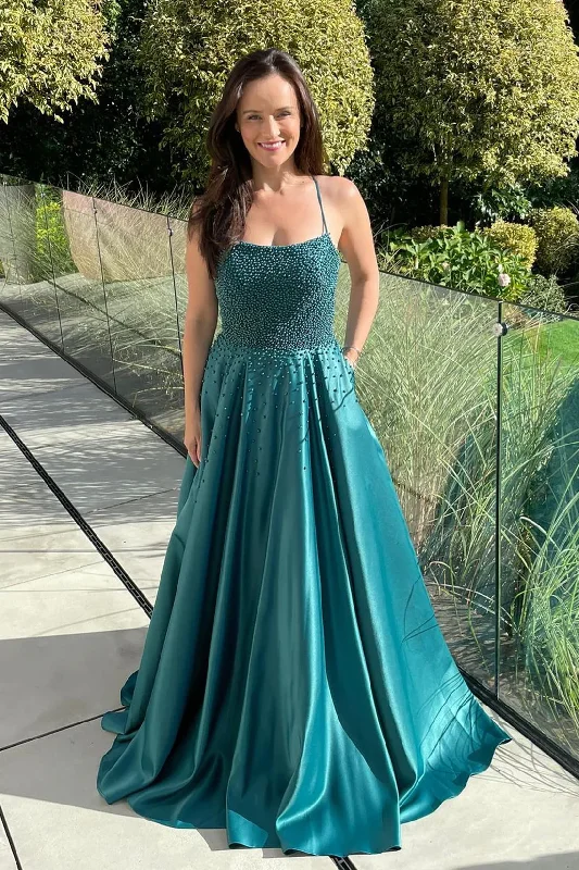 Green A-line Beaded Lace-Up Back Satin Long Prom Dress,DP023 Lace Dress Shine