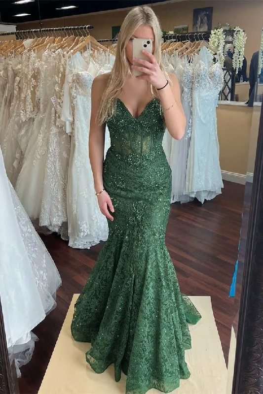 Green Lace Beaded Sweetheart Trumpet Long Prom Gown,DP367 Lace Dress Party