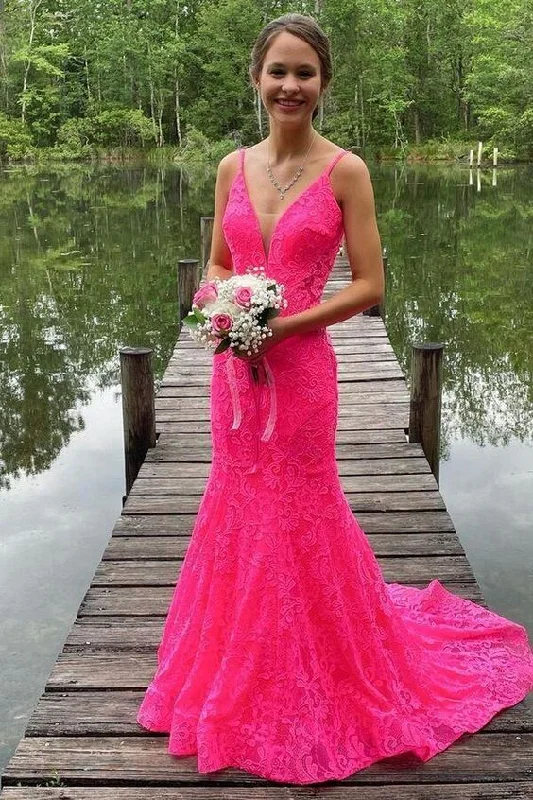 Hot Pink Lace Mermaid Open Back Long Prom Dress,DP0123 Lace Cocktail Gown