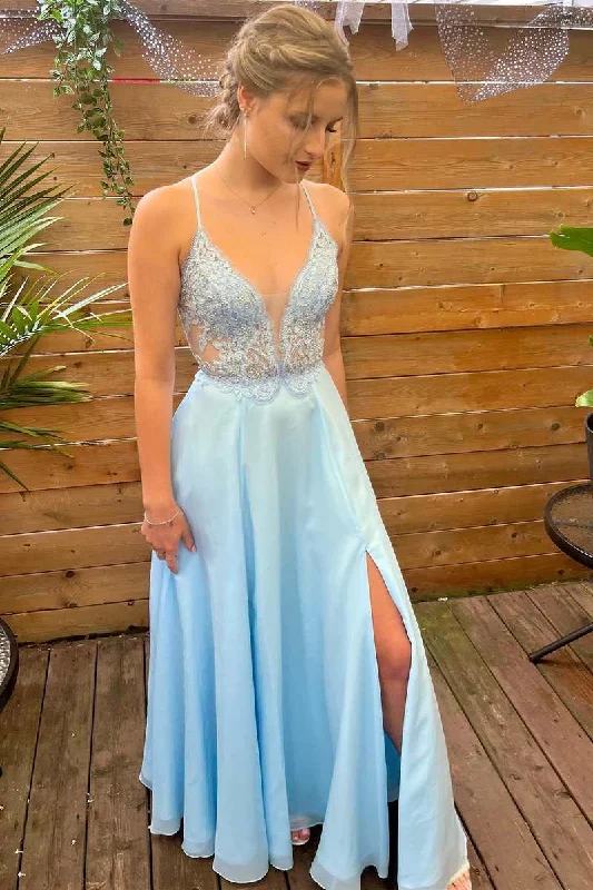 Light Blue Lace Plunge Neck A-Line Prom Dress with Slit,DP051 Blue Lace Dress