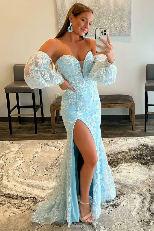 Light Blue Lace Strapless Puff Sleeve Long Prom Dress,DP0105 Boho Lace Dress