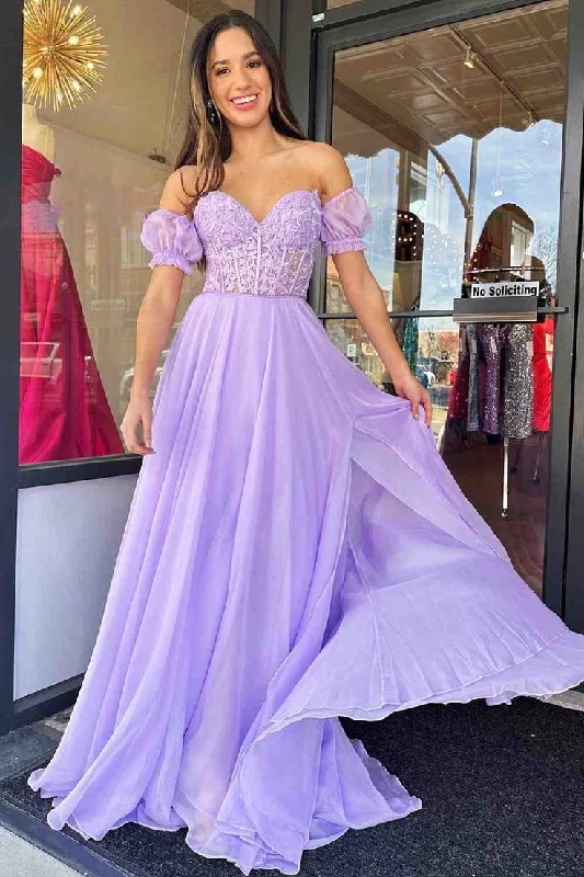 Off-Shoulder A-line Chiffon Applique Lace-Up Long Prom Dress,DP0281 Light Lace Dress