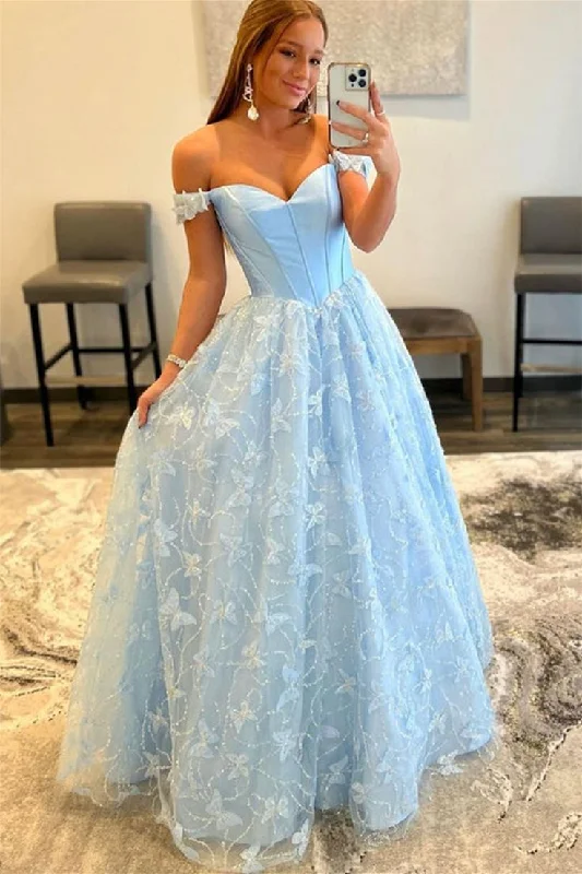 Off Shoulder Light Blue Lace Long Prom Dresses Formal Graduation Evening Dresses,DP0235 Lace Dress Glamorous