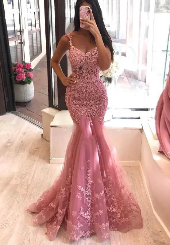 Pink Lace Long Prom Dresses Mermaid Evening Dresses,DP0240 Bohemian Lace Dress