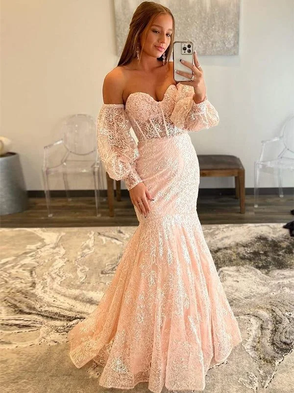 Pink Sexy Strapless Sweetheart Lace Mermaid Long Prom Dress,DP0164 Lace A-line Dress