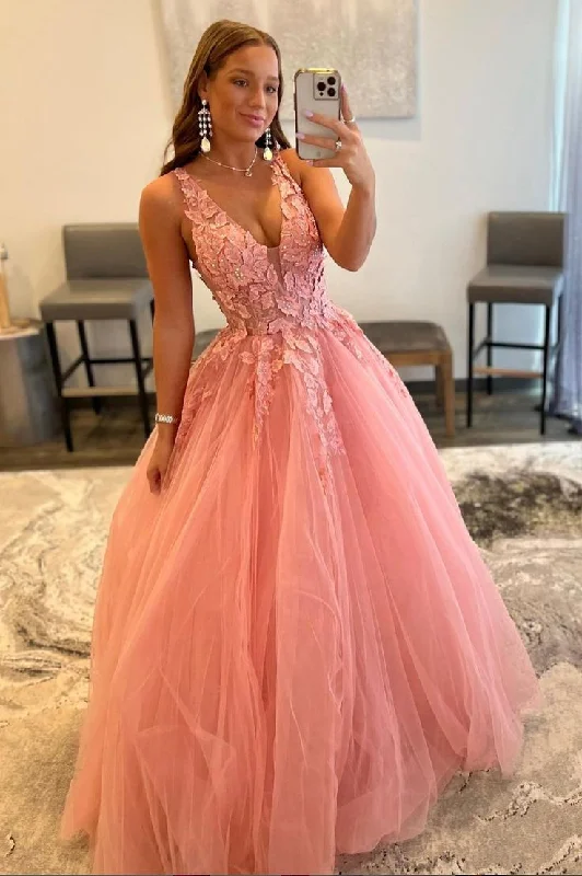 Pink V-Neck Lace Long Prom Dress A-Line Graduation Dress,DP0121 Simple Lace Dress