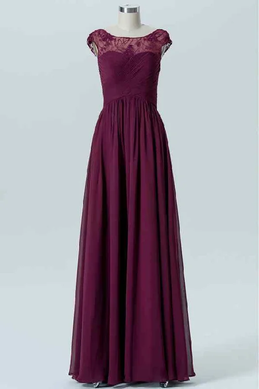 Raspberry A-line Lace Illusion Cap Sleeves Pleated Chiffon Long Bridesmaid Dress Lace Fit-and-Flare