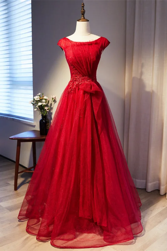 Red Cap Sleeves Pleated Beaded Appliques Lace-Up Long Formal Dress Lace Gown Style