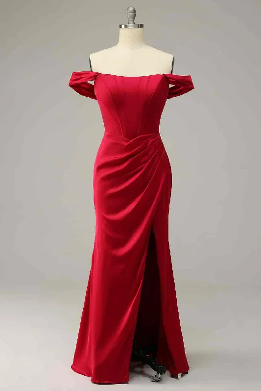 Red Mermaid Off-Shoulder Satin Long Lace-Up Bridesmaid Dress Lace Dress Layers