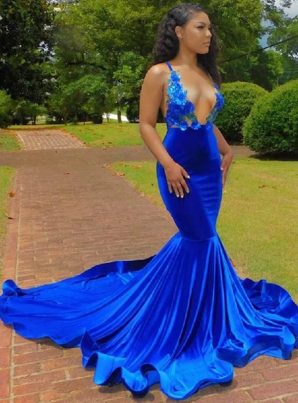 Royal Blue Deep V Neck Mermaid Lace Applique Backless Long Prom Dress,DP0293 Lace Dress Flare