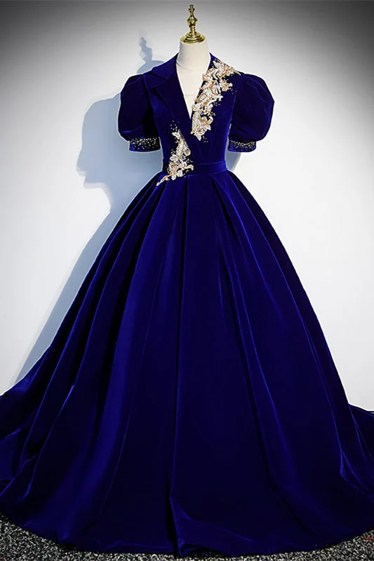 Royal Blue V Neck Puff Sleeves Lace-Up Beaded Velvet Applique Long Formal Dress Lace Dress Glow