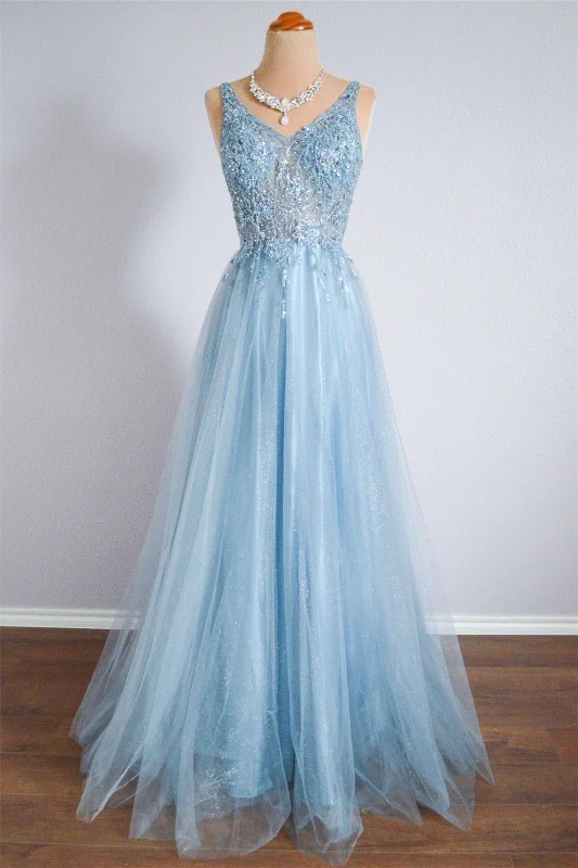 Sky Blue A-line Spaghetti Straps Beaded Lace Long Formal Dress Vintage Lace Dress