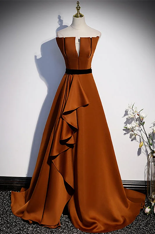 Terracotta A-line Strapless Lace-Up Satin Ruffle Long Formal Dress with Slit Satin Lace Dress