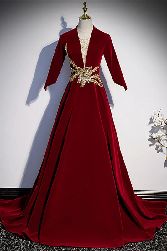 V Neck Long Sleeves Lace-Up Velvet Long Formal Dress with Gold Adornment Elegant Lace Dress